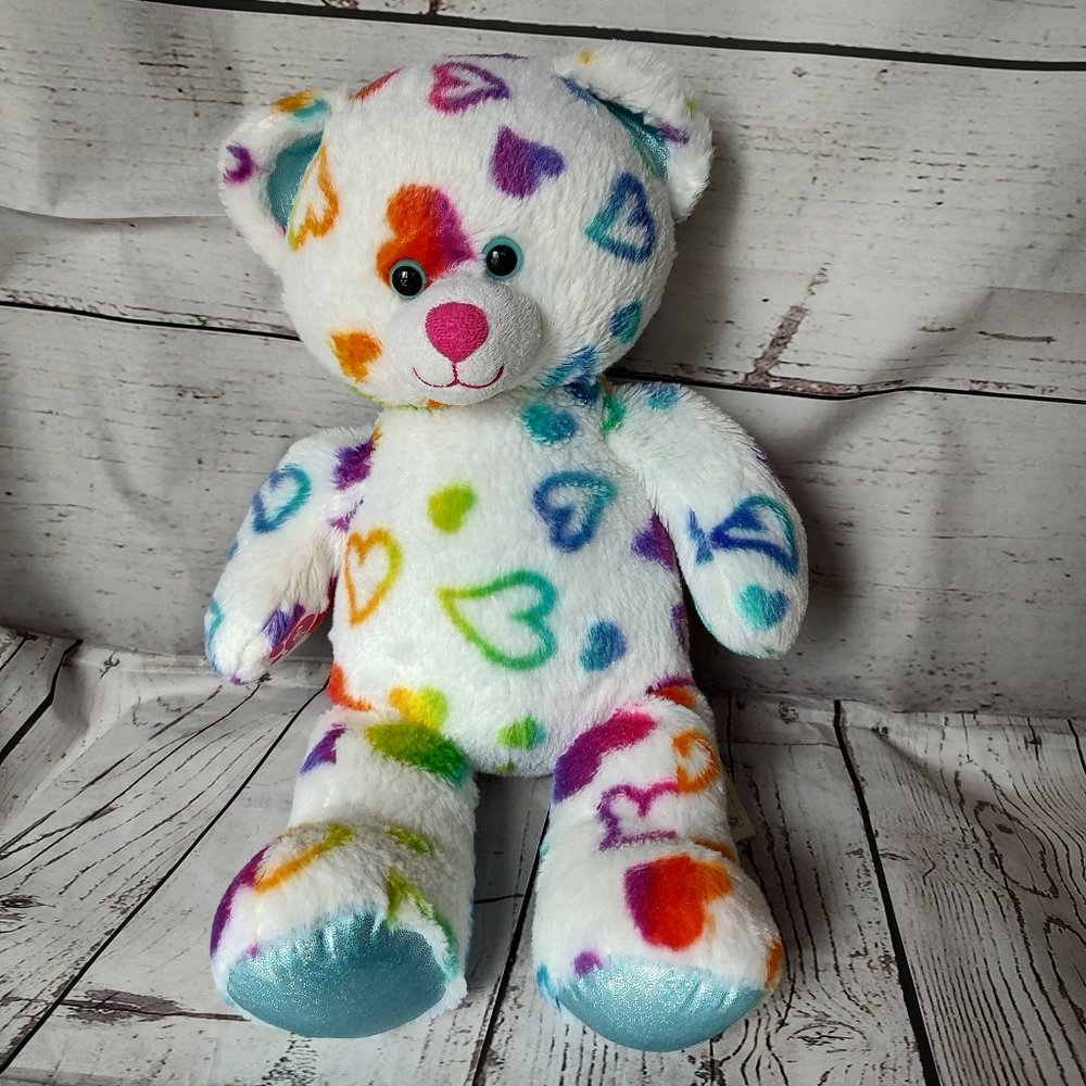 Build-A-Bear White Teddy Bear Plush Rainbow Hearts 16" Valentin's day
